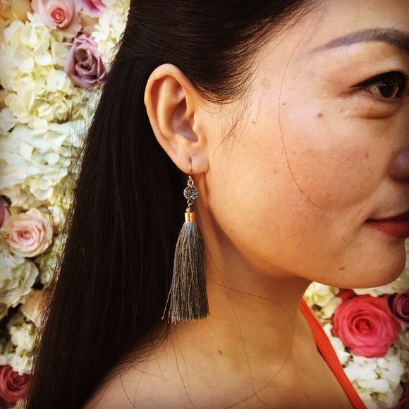 Druzy Crystals + Silk Tassel Earrings - Picture 3 of 4